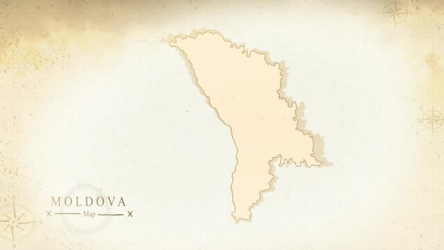 Map of Moldova in the old style, brown graphics in retro fantasy style, perfect for intro or video presentation. High quality 4K video.