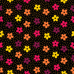 Cute seamless pattern with colorful flowers and dots with black background.