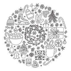 Doodle Christmas objects in circle set. Hand drawn vector Christmas elements set. Snowflakes, wreath, winter herbs, ginger cookies and gift box.