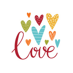 Love lettering hearts cute colorful flat vector illustration. Vector illustration