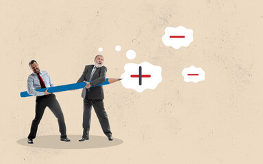 Think positive mindset, optimistic attitude to success in work, mentor to motivate employee for positivity concept, businessman manager using pencil for positive sign on employee negative thought.