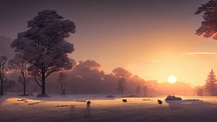Winter landscape with neon sunset. Snowy flat valley. Colored winter landscape. Frosty winter sunset. 
