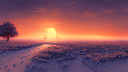 Winter landscape with neon sunset. Snowy flat valley. Colored winter landscape. Frosty winter sunset.