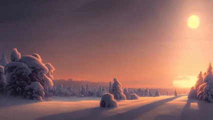Fotobehang Winterlandschap met neon zonsondergang. Besneeuwde vlakke vallei. Gekleurd winterlandschap. Ijzige winterzonsondergang. 3D illustratie. © MiaStendal