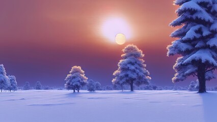 Winter landscape with neon sunset. Snowy flat valley. Colored winter landscape. Frosty winter sunset. 