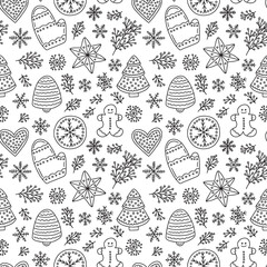 Doodle gingerbread vector seamless pattern. Hand drawn ginger cookies pattern on white background.