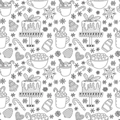 Tasty Christmas desserts doodle seamless pattern. Cocoa with marshmallos and ginger cookies on white background