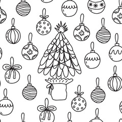 Christmas tree and glass balls seamless pattern. Vector Christmas tree and decor doodle background