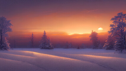 Winter landscape with neon sunset. Snowy flat valley. Colored winter landscape. Frosty winter sunset. 