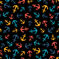 Black seamless pattern with colorful anchors.