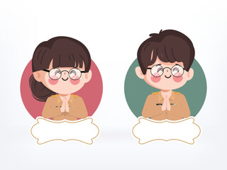 Cute cartoon teacher greeting with banner and namaste pose. Thai government teacher uniform in occupation government job. Thai wai, Sawasdee and namaste gesture.