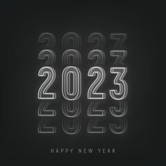 2023 Happy New Year banner. Vector illustration with bright neon number 2023 with trendy text effect on black background. Neon New Year holiday symbol on dark background.