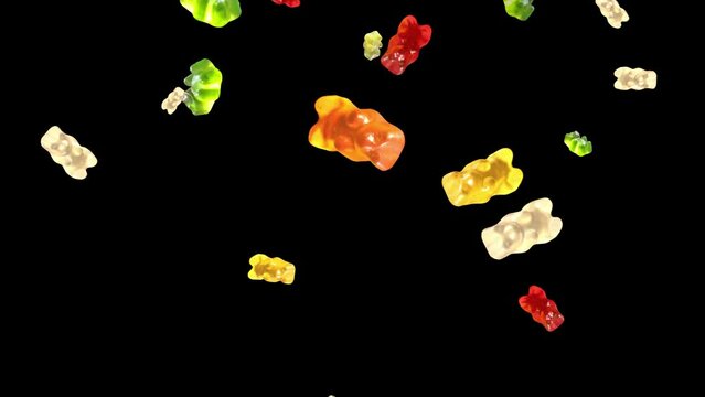 Falling colorful gummy bears. Isolated sweets. Black background. Loop. 59,94 fps