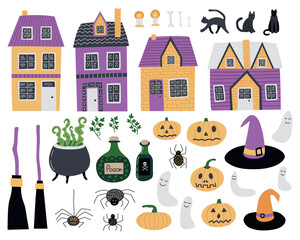 Vector Halloween stickers set. Cute Halloween objects in cartoon style set. Country house, broom, witch hat, potion, pumpkin head and spider