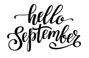 Fototapeta premium Hello September handwritten black lettering. Lettering autumn month. Word for typography, postcard, calendar, monthly organizer.