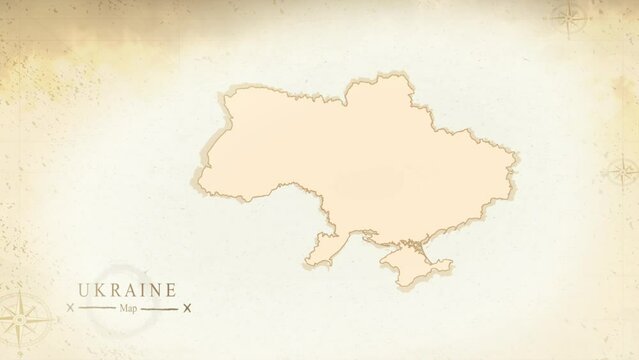 Map of Ukraine in the old style, brown graphics in retro fantasy style, perfect for intro or video presentation. High quality 4K video.