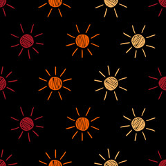 Colorful sun seamless pattern with black background.
