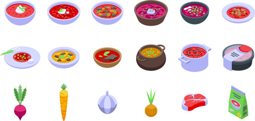 Borsch icons set isometric vector. Beet food. Cook bacon