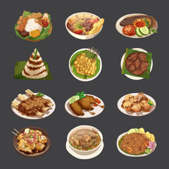 Rendang, Aceh noodles, Catfish pecel, dongkal cake, coto makassar, padang satay, jamun rice, tahu gejrot, batagor, konro, bogor noodle soup. Set of Indonesian food vector illustration.