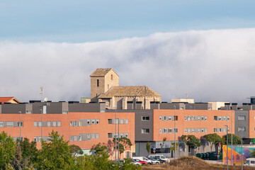 Sarriguren. Fog and Church of Santa Engracia