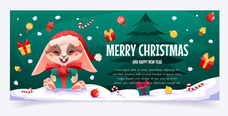 Merry Christmas and Happy New Year horizontal banner with cute xmas rabbit, gift box, snow and candies. Vector template with space for text and cartoon bunny character in Santa hat