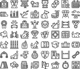 Dog school icons set outline vector. Course agility. Canine pipe