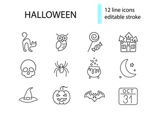 Halloween outline icons collection. Witch castle and potion cauldron. Pumpkin and spider. Isolated vector illustration