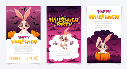 Happy Halloween party posters set with cute rabbits, pumpkins, bats in cartoon style. Vector kids illustration with text space and time for flyer invitation, banner design, greeting cards.