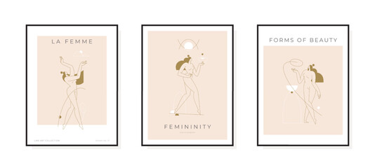Modern posters set. Nude woman silhouette in abstract pose, female body, feminine boho graphic. Mid century, Contemporary, Femininity concept, print collection for wall art decor. Vector illustration