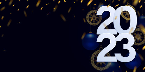 Happy New Year 2023. Silvery numbers, snowflakes and blue glass balls on a dark blue background. Holiday card design with golden confetti, banner
