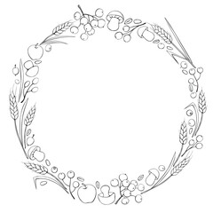 Vector wreath of autumn harvest symbols: wheat ears, berries, mushrooms in doodle style. Outline round frame, border. Theme: forest, happy autumn, Thanksgiving