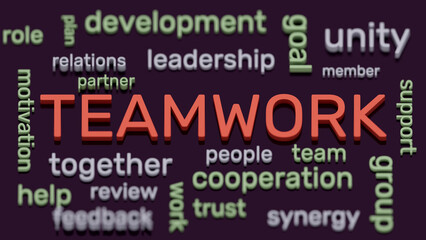 TEAMWORK headline and important words, concepts and terms cloud background. 3d illustration