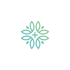 The leaf line logo that forms a plus symbol that is identical to medical, suitable for companies in the medical field and the like.