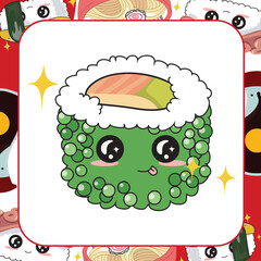 Cute Sushi Flashcard for Children. Ready to print. Printable game card. Traditional Japanese food promotion. Vector illustration.
