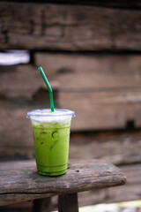 ice matcha greentea on the wood table