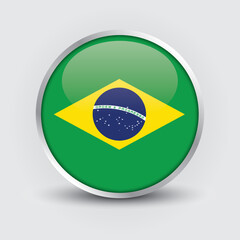 Brazil round flag design is used as badge, button, icon with reflection of shadow. Icon country. Realistic vector illustration.