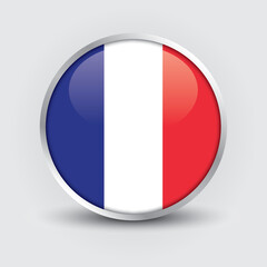 France round flag design is used as badge, button, icon with reflection of shadow. Icon country. Realistic vector illustration.