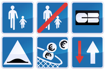 Collection of different blue square road information panels such as the beginning and end of a pedestrian zone, the presence of a retarder, the priority of the traffic route and payment by bank card