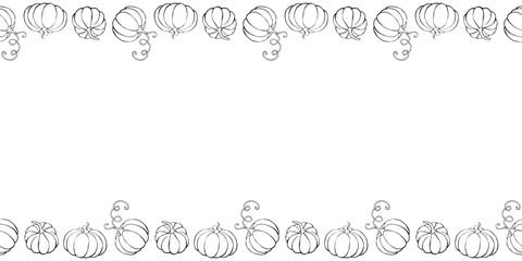 Background, frame made of outline pumpkins in doodle style. Horizontal top and bottom edging, border, decoration for seasonal design, thanksgiving theme and Halloween