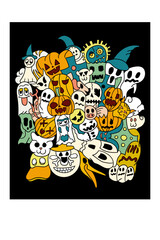 Halloween doodle with multiple ghost like jack o lantern, gjost, skull, pirates, pumpkin and many other. cartoon illustration doodle