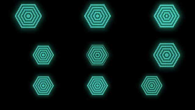 Pulsing neon green hexagons pattern in rows, motion abstract disco, party and geometric style background