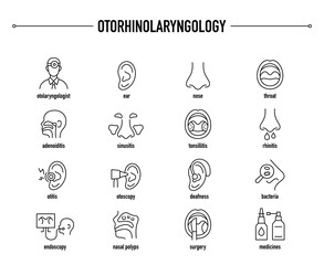 Otorhinolaryngology vector icon set. Line editable medical icons.