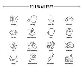Pollen allergy vector icon set. Line editable medical icons.