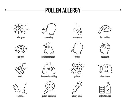 Pollen allergy vector icon set. Line editable medical icons.