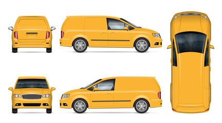 Delivery minivan vector mockup on white background for vehicle branding, corporate identity. View from side, front, back, top. All elements in the groups on separate layers for easy editing and recolo