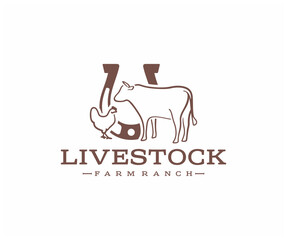 Ranch farmland logo design. Rural landscape and animal farm with cow and chicken vector design. Horseshoe and livestock logotype