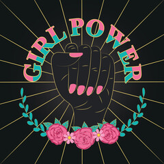 Slogan Girl power with female hand on a black background.