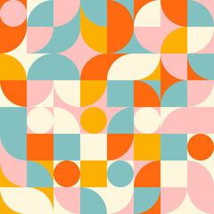 Retro geometric aesthetics. Bauhaus and avant-garde inspired vector background with abstract simple shapes like circle, square, semi circle. Colorful pattern in nostalgic pastel colors.
