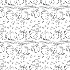 Vector seamless pattern of autumn harvest symbols: pumpkins, wheat ears, berries, mushrooms in doodle style. Outline background, texture. Theme: forest, happy autumn, Thanksgiving