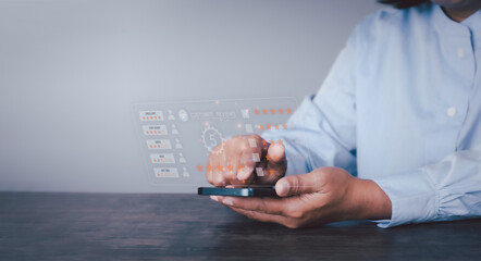 close up woman hand using smartphone with popup five star icon for feedback review satisfaction...